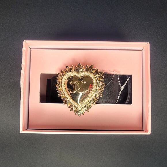 Juicy‎ Couture Logo Pearl Heart Gold Floral Black Faux Leather Belt S / M NIB - Picture 1 of 4